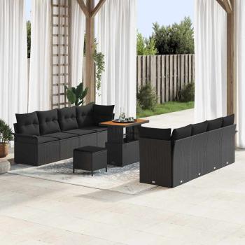 ARDEBO.de - 11-teiliges Garten Sofa Set mit Kissen in Schwarz aus Poly Rattan und Akazie, 2-Sitzer Garten Sofa mit Kissen in Schwarz aus Poly Rattan, 3-teiliges Garten Esstisch Set mit Kissen in Schwarz aus Poly Rattan und Akazie