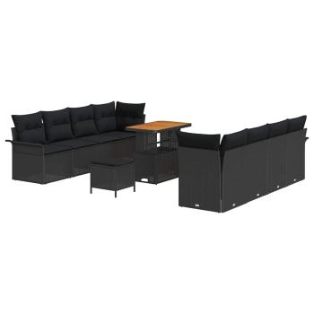 11-teiliges Garten Sofa Set mit Kissen in Schwarz aus Poly Rattan und Akazie, 2-Sitzer Garten Sofa mit Kissen in Schwarz aus Poly Rattan, 3-teiliges Garten Esstisch Set mit Kissen in Schwarz aus Poly Rattan und Akazie