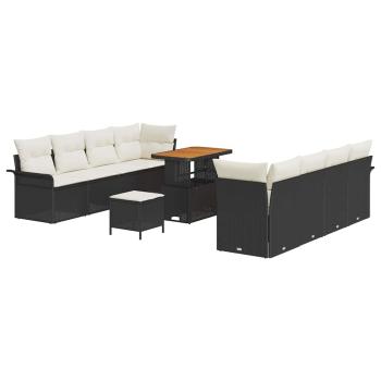 11-teiliges Garten-Sofa-Set mit Kissen Schwarz Poly Rattan Akazie, 2-Sitzer Garten-Sofa mit Kissen Schwarz Poly Rattan, 3-teiliges Garten-Dining-Set mit Kissen Schwarz Poly Rattan Akazie