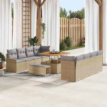 ARDEBO.de - 11-teiliges Garten-Sofa-Set mit Kissen Beige Poly-Rattan Akazie, 2-Sitzer Garten-Sofa mit Kissen Beige Poly-Rattan, 3-teiliges Garten-Ess-Set mit Kissen Beige Poly-Rattan Akazie