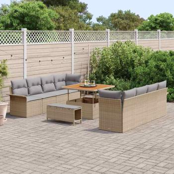11-teiliges Garten-Sofa-Set mit Kissen Beige Poly-Rattan Akazie, 2-Sitzer Garten-Sofa mit Kissen Beige Poly-Rattan, 3-teiliges Garten-Ess-Set mit Kissen Beige Poly-Rattan Akazie