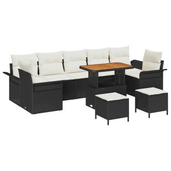 10-teiliges Garten Sofa Set mit Kissen Schwarz Poly Rattan Akazie, 2-Sitzer Garten Sofa mit Kissen Schwarz Poly Rattan, 3-teilige Garten Essgruppe mit Kissen Schwarz Poly Rattan Akazie