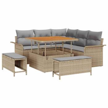 8-teiliges Garten Sofa Set mit Kissen Beige Poly Rattan Akazie, 2-Sitzer Garten Sofa mit Kissen Beige Poly Rattan, 3-teiliges Garten Ess-Set mit Kissen Beige Poly Rattan Akazie