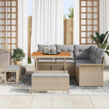 8-teiliges Garten Sofa Set mit Kissen Beige Poly Rattan Akazie, 2-Sitzer Garten Sofa mit Kissen Beige Poly Rattan, 3-teiliges Garten Ess-Set mit Kissen Beige Poly Rattan Akazie