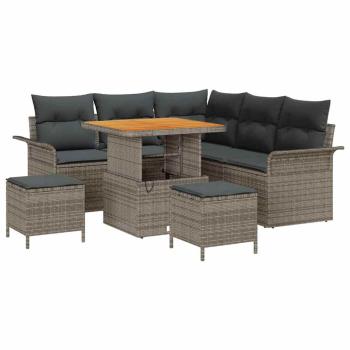 8-teilige Garten Sofagarnitur mit Kissen Graues Poly Rattan Akazie, 2-Sitzer Garten Sofa mit Kissen Graues Poly Rattan, 3-teiliges Garten Esstisch Set mit Kissen Graues Poly Rattan Akazie