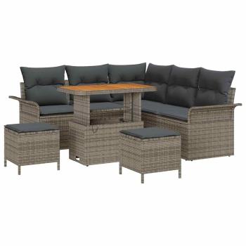 8-teiliges Garten Sofaset mit Kissen Grau Poly Rattan Akazie, 2-Sitzer Garten Sofa mit Kissen Grau Poly Rattan, 3-teiliges Garten Esstischset mit Kissen Grau Poly Rattan Akazie