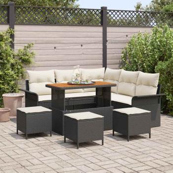 ARDEBO.de - 9-teiliges Garten Sofa Set mit Kissen Schwarz Poly Rattan Akazie, 2-Sitzer Garten Sofa mit Kissen Schwarz Poly Rattan, 4-teiliges Garten Essset mit Kissen Schwarz Poly Rattan Akazie