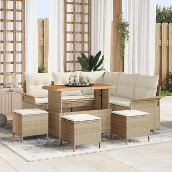 ARDEBO.de - 9-teiliges Garten Sofa Set mit Kissen Beige Poly Rattan Akazie, 2-Sitzer Garten Sofa mit Kissen Beige Poly Rattan, 4-teiliges Garten Essset mit Kissen Beige Poly Rattan Akazie