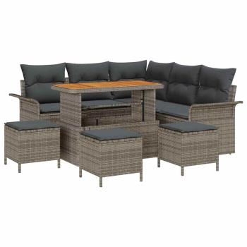 9-teiliges Garten Sofa Set mit Kissen Grau Poly Rattan Akazie, 2-Sitzer Garten Sofa mit Kissen Grau Poly Rattan, 4-teiliges Garten Esstisch Set mit Kissen Grau Poly Rattan Akazie