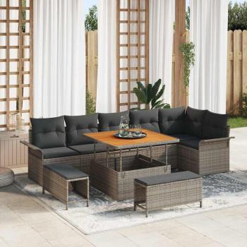 ARDEBO.de - 9-teiliges Garten-Sofa-Set mit Kissen Grau Poly Rattan Akazie, 2-Sitzer Garten-Sofa mit Kissen Grau Poly Rattan, 3-teiliges Garten-Dining-Set mit Kissen Grau Poly Rattan Akazie