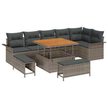 9-teiliges Garten-Sofa-Set mit Kissen Grau Poly Rattan Akazie, 2-Sitzer Garten-Sofa mit Kissen Grau Poly Rattan, 3-teiliges Garten-Dining-Set mit Kissen Grau Poly Rattan Akazie