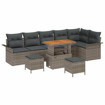 ARDEBO.de - 9 Teile Garten Sofa Set mit Kissen Grau Poly Rattan Akazie, 2-Sitzer Garten Sofa mit Kissen Grau Poly Rattan, 3 Teile Garten Esstisch Set mit Kissen Grau Poly Rattan Akazie