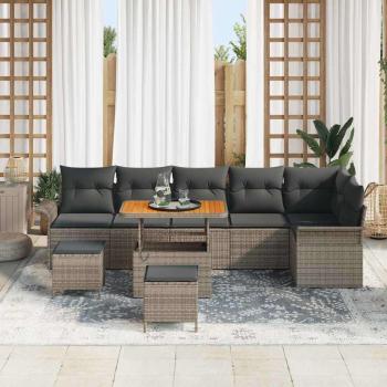 9 Teile Garten Sofa Set mit Kissen Grau Poly Rattan Akazie, 2-Sitzer Garten Sofa mit Kissen Grau Poly Rattan, 3 Teile Garten Esstisch Set mit Kissen Grau Poly Rattan Akazie