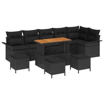 10-teiliges Garten Sofaset mit Kissen Schwarz Poly Rattan Akazie, 2-Sitzer Garten Sofa mit Kissen Schwarz Poly Rattan, 4-teiliges Garten Essset mit Kissen Schwarz Poly Rattan Akazie