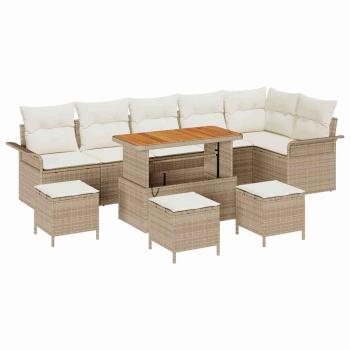 10-teiliges Garten-Sofa-Set mit Kissen Beige Poly Rattan Akazie, 2-Sitzer Garten-Sofa mit Kissen Beige Poly Rattan, 4-teiliges Garten-Dining-Set mit Kissen Beige Poly Rattan Akazie