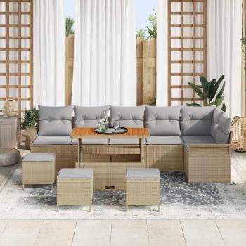 10-teiliges Garten Sofa Set mit Kissen Beige Poly Rattan Akazie, 2-Sitzer Garten Sofa mit Kissen Beige Poly Rattan, 4-teiliges Garten Ess-Set mit Kissen Beige Poly Rattan Akazie