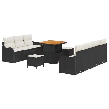 10-teilige Garten Sofa Set mit Kissen Schwarz Poly-Rattan Akazie, 2-Sitzer Garten Sofa mit Kissen Schwarz Poly-Rattan, 3-teiliges Garten Essset mit Kissen Schwarz Poly-Rattan Akazie