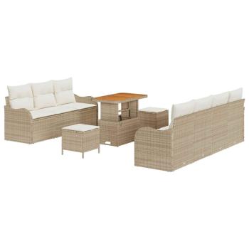 10-teiliges Garten Sofa Set mit Kissen Beige Poly Rattan Akazie, 2-Sitzer Garten Sofa mit Kissen Beige Poly Rattan, 3-teiliges Garten Essset mit Kissen Beige Poly Rattan Akazie