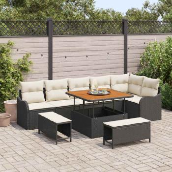 ARDEBO.de - 9-teiliges Garten Sofa Set mit Kissen Schwarz Poly Rattan Akazie, 2-Sitzer Garten Sofa mit Kissen Schwarz Poly Rattan, 3-teiliges Garten Esszimmer Set mit Kissen Schwarz Poly Rattan Akazie