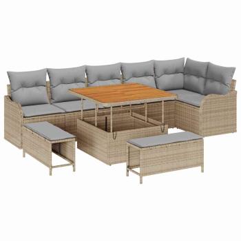9-teiliges Garten Sofa Set mit Kissen Beige Poly Rattan Akazie, 2-Sitzer Garten Sofa mit Kissen Beige Poly Rattan, 3-teiliges Garten Essset mit Kissen Beige Poly Rattan Akazie