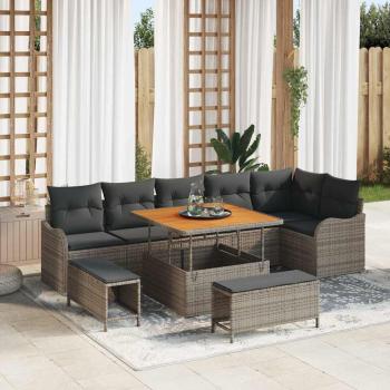 ARDEBO.de - 9-teiliges Garten Sofa Set mit Kissen Grau Poly Rattan Akazie, 2-Sitzer Garten Sofa mit Kissen Grau Poly Rattan, 3-teiliges Garten Esstisch Set mit Kissen Grau Poly Rattan Akazie