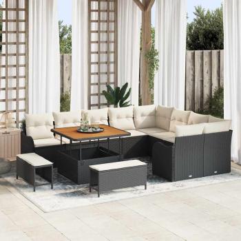 ARDEBO.de - 12-teiliges Garten-Sofa-Set mit Kissen Schwarz Poly Rattan Akazie, 3-teiliges Garten-Ess-Set mit Kissen Schwarz Poly Rattan Akazie, 2-Sitzer Garten-Sofa mit Kissen Schwarz Poly Rattan