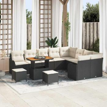 ARDEBO.de - 12-teiliges Garten Sofa Set mit Kissen Schwarz Poly Rattan Akazie, 3-teiliges Garten Essset mit Kissen Schwarz Poly Rattan Akazie, 2-Sitzer Garten Sofa mit Kissen Schwarz Poly Rattan