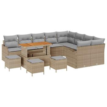 ARDEBO.de - 13-teiliges Garten Sofa Set mit Kissen Beige Poly Rattan Akazie, 4-teiliges Garten Essensemble mit Kissen Beige Poly Rattan Akazie, 2-Sitzer Garten Sofa mit Kissen Beige Poly Rattan