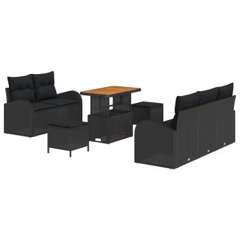 8-teiliges Garten Sofaset mit Kissen Schwarz Poly Rattan Akazie, 2-Sitzer Garten Sofa mit Kissen Schwarz Poly Rattan, 3-teiliges Garten Esstisch Set mit Kissen Schwarz Poly Rattan Akazie