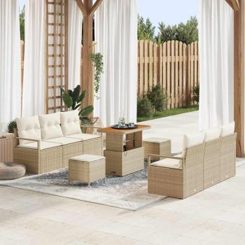 ARDEBO.de - 9-teiliges Garten-Sofa-Set mit Kissen Beige Poly Rattan Akazie, 2-Sitzer Garten-Sofa mit Kissen Beige Poly Rattan, 3-teiliges Garten-Dining-Set mit Kissen Beige Poly Rattan Akazie