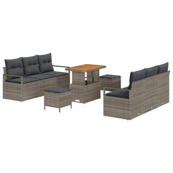 9-teiliges Garten-Sofa-Set mit Kissen Grau Poly Rattan Akazie, 2-Sitzer Garten-Sofa mit Kissen Grau Poly Rattan, 3-teiliges Garten-Dining-Set mit Kissen Grau Poly Rattan Akazie