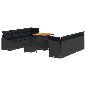 11-teiliges Garten Sofa Set mit Kissen Schwarz Poly Rattan Akazie, 2-Sitzer Garten Sofa mit Kissen Schwarz Poly Rattan, 3-teiliges Garten Esstisch Set mit Kissen Schwarz Poly Rattan Akazie