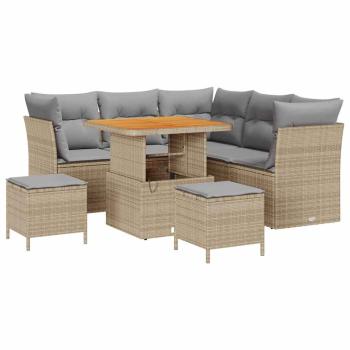 8-teiliges Garten Sofa Set mit Kissen Beige Poly-Rattan Akazie, 3-teiliges Garten Essset mit Kissen Beige Poly-Rattan Akazie