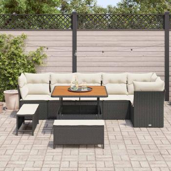 9-teiliges Garten Sofa Set mit Kissen in Schwarz aus Poly Rattan und Akazie, 3-teiliges Garten Essenset mit Kissen in Schwarz aus Poly Rattan und Akazie