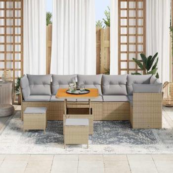 9-teilige Garten-Sofa-Set mit Kissen Beige Poly-Rattan Akazie, 3-teiliges Garten-Dining-Set mit Kissen Beige Poly-Rattan Akazie