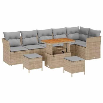 9-teiliges Garten Sofa Set mit Kissen Beige Poly Rattan Akazie, 3-teiliges Garten Esstisch Set mit Kissen Beige Poly Rattan Akazie