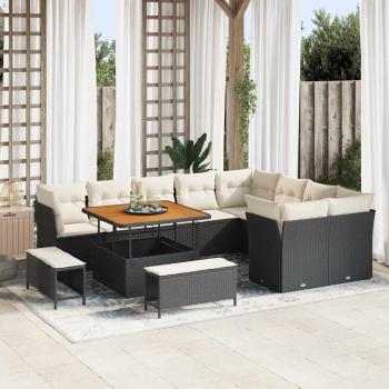 ARDEBO.de - 12-teiliges Garten-Sofa-Set mit Kissen Schwarz Poly Rattan Akazie, 3-teiliges Garten-Esszimmer-Set mit Kissen Schwarz Poly Rattan Akazie