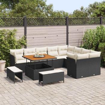 12-teiliges Garten-Sofa-Set mit Kissen Schwarz Poly Rattan Akazie, 3-teiliges Garten-Esszimmer-Set mit Kissen Schwarz Poly Rattan Akazie