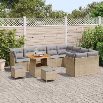 12-teiliges Garten Sofa Set mit Kissen Beige Poly Rattan Akazie, 3-teiliges Garten Essset mit Kissen Beige Poly Rattan Akazie