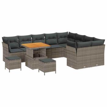 12-teiliges Garten Sofa Set mit Kissen Grau Poly Rattan Akazie, 3-teiliges Garten Essset mit Kissen Grau Poly Rattan Akazie