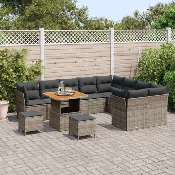 12-teiliges Garten Sofa Set mit Kissen Grau Poly Rattan Akazie, 3-teiliges Garten Essset mit Kissen Grau Poly Rattan Akazie