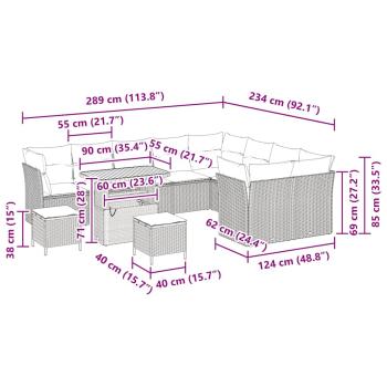 ARDEBO.de - 12-teiliges Garten-Sofa-Set mit Kissen Grau Poly Rattan Akazie, 3-teiliges Garten-Ess-Set mit Kissen Grau Poly Rattan Akazie