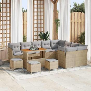 ARDEBO.de - 13-teiliges Garten-Sofa-Set mit Kissen Beige Poly-Rattan Akazie, 4-teiliges Garten-Esszimmer-Set mit Kissen Beige Poly-Rattan Akazie