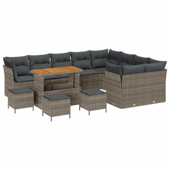 13-teiliges Garten Sofa Set mit Kissen Grau Poly Rattan Akazie, 4-teiliges Garten Ess-Set mit Kissen Grau Poly Rattan Akazie