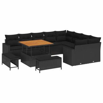 ARDEBO.de - 12-teiliges Garten-Sofa-Set mit Kissen Schwarz Poly Rattan Akazie, 3-teiliges Garten-Ess-Set mit Kissen Schwarz Poly Rattan Akazie