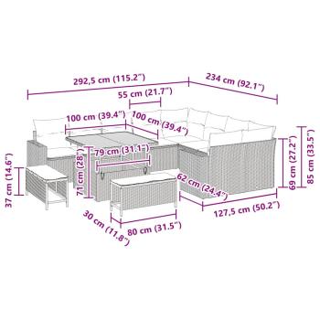 12-teiliges Garten-Sofa-Set mit Kissen Schwarz Poly Rattan Akazie, 3-teiliges Garten-Ess-Set mit Kissen Schwarz Poly Rattan Akazie