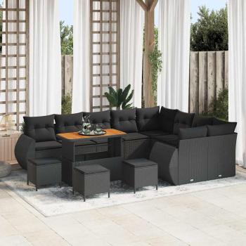ARDEBO.de - 13-teiliges Garten-Sofa-Set mit Kissen Schwarz Poly Rattan Akazie, 4-teiliges Garten-Ess-Set mit Kissen Schwarz Poly Rattan Akazie