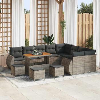 ARDEBO.de - 13-teiliges Garten-Sofa-Set mit Kissen Grau Poly-Rattan Akazie, 4-teiliges Garten-Ess-Set mit Kissen Grau Poly-Rattan Akazie