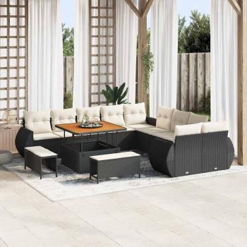ARDEBO.de - 13-teiliges Garten-Sofa-Set mit Kissen in Schwarz Poly Rattan Akazie, 3-teiliges Garten-Essgruppe mit Kissen in Schwarz Poly Rattan Akazie