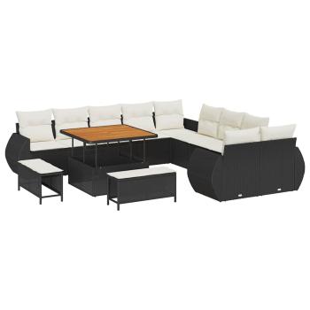 13-teiliges Garten-Sofa-Set mit Kissen in Schwarz Poly Rattan Akazie, 3-teiliges Garten-Essgruppe mit Kissen in Schwarz Poly Rattan Akazie